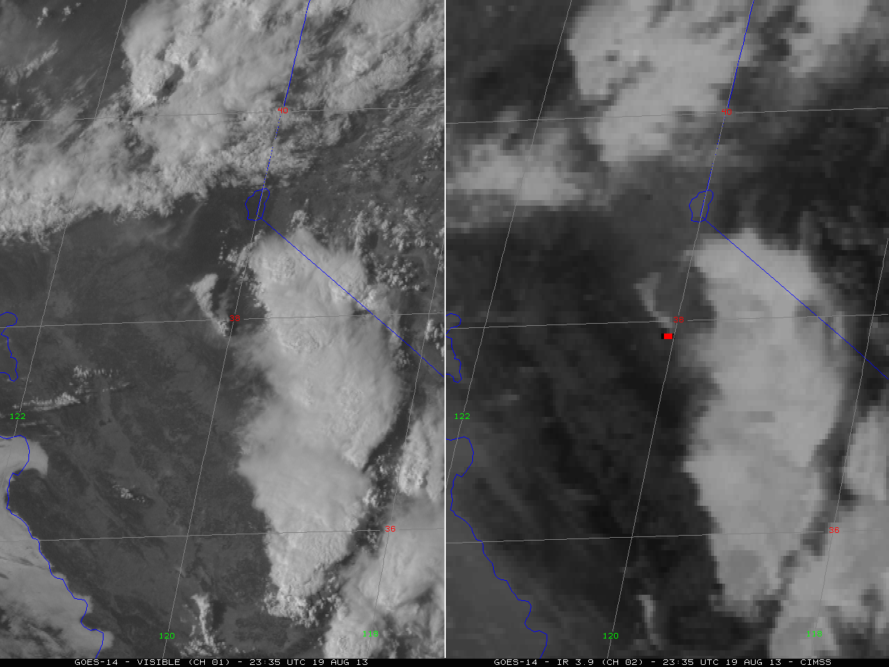 GOES-14 SRSO visible (left) and shortwave IR (right) imagery (click image to play animation)