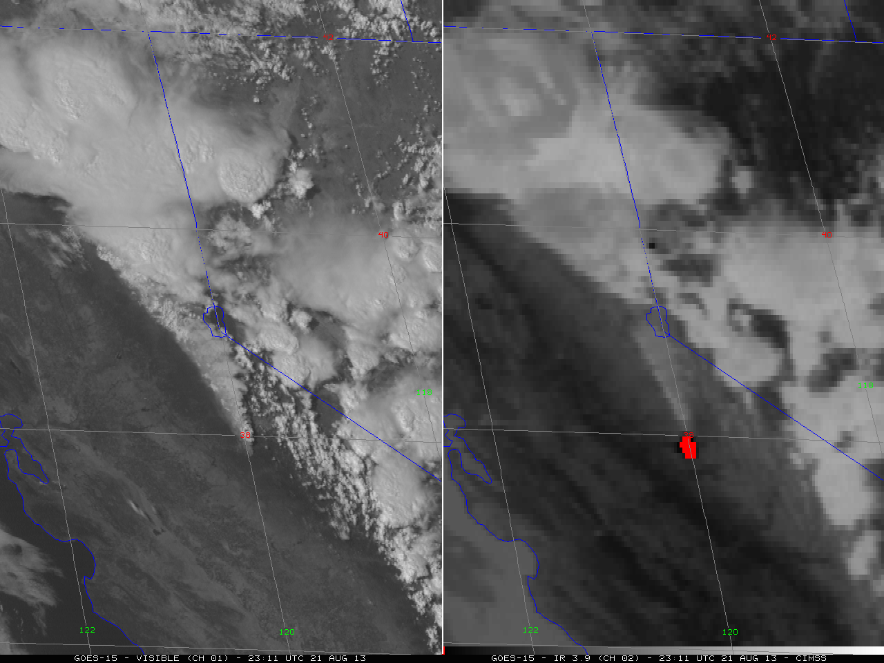 GOES-15 visible (left) and shortwave infrared (right) imagery (click image to play animation)